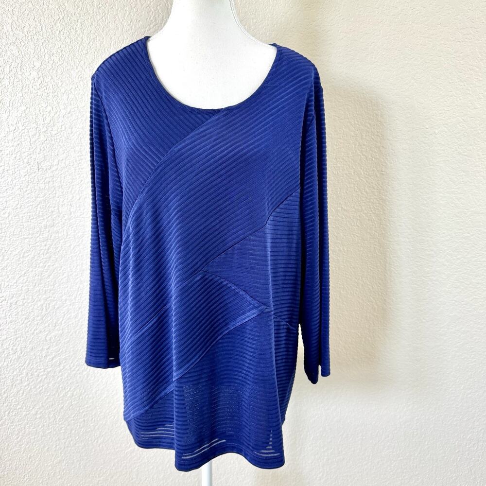 Chico’s Travelers Tunic Size 3 XL Blue Ribbed Layered Asymmetrical Slinky Top